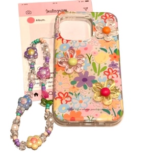 【中国直送】 壳圈 iPhone 15 Pro Max ドーパミン白地立体カラフル花スマホケース+ブレスレット 同型スマホフィルム付 159.9*76.7*8.25mm*1点
