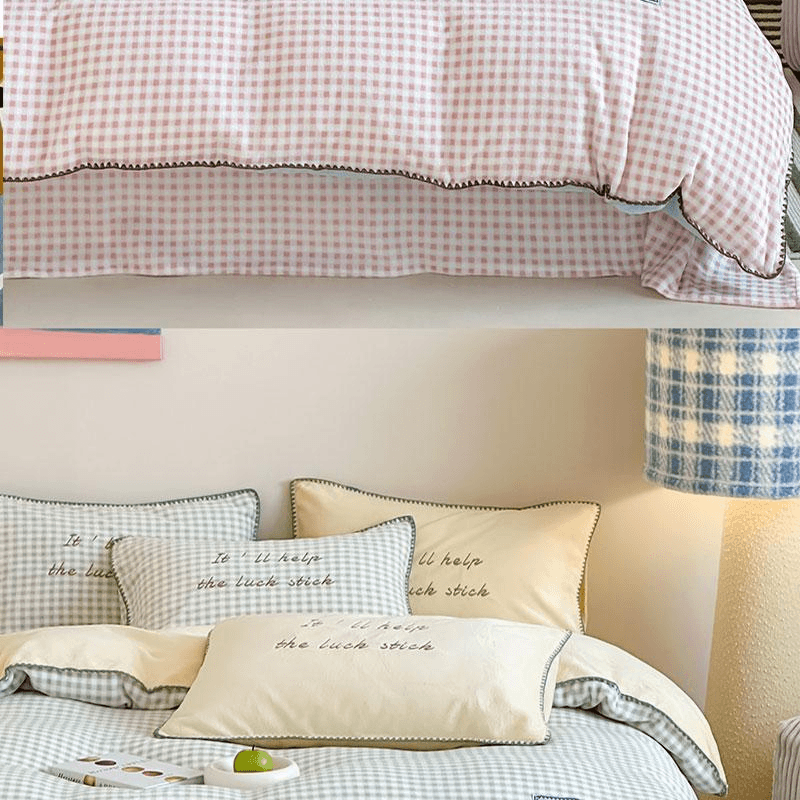 【中国直邮】 Lullabuy 撞色格子条纹床上四件套 床品被套枕套(床笠款)葡萄奶昔-Queen