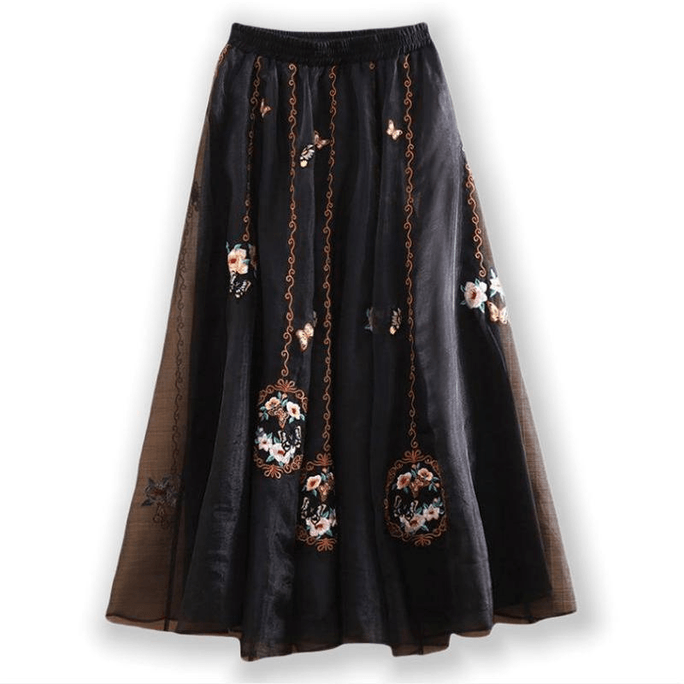 Chinese Style Vintage Embroidered A-line Skirts for Women Black 2XL