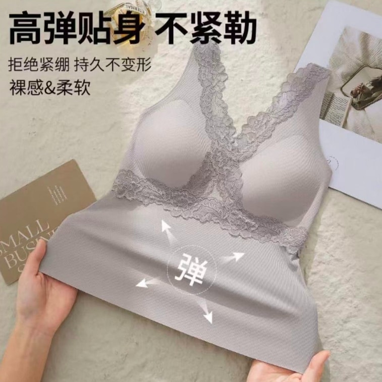 French Lace Trim Bra Top With Chest Pad 1 Piece Off-White Size L—Skin-Friendly Breathable Seamless No Squeeze No Shifting No Cup Slip 5