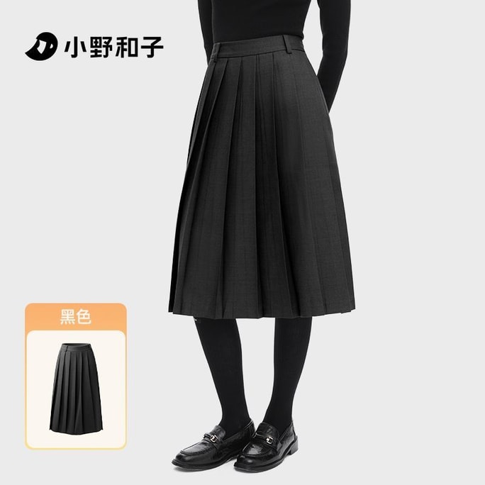 Pleated midi skirt for women mid length autumn high waist A-line skirt college style black size L 1 piece