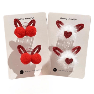 Red Lion Dance Bow Side Clip Hairpin Small Grip Headwear Heart + Pompom 4cm*2 Pairs