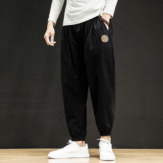 Chinese Style Cotton and Linen Embroidery Loose Casual Harem Cuffed Pants Black M