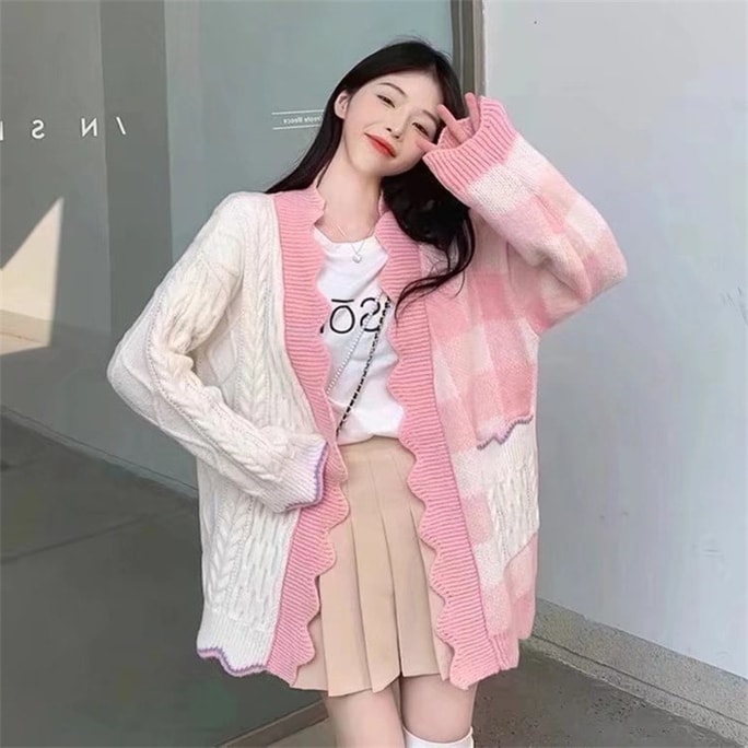 Temperament Contrast Long Sleeve Top One Size Pink