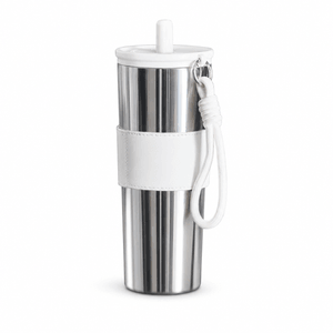 Jumbo straw insulated tumbler, large capacity, 316 stainless steel inner liner, polished silver + ceramic white, 680 ml.