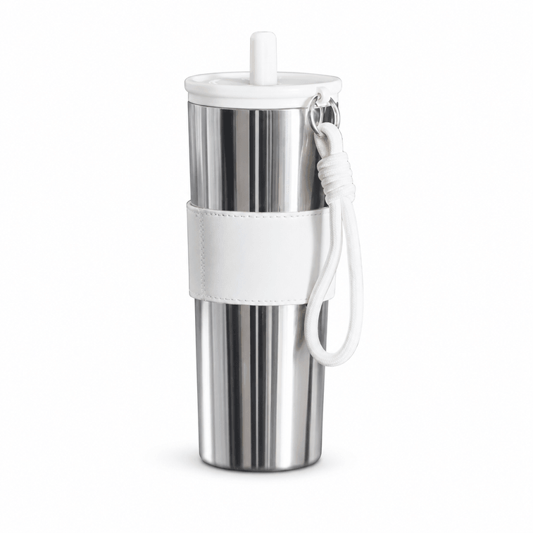 Jumbo straw insulated tumbler, large capacity, 316 stainless steel inner liner, polished silver + ceramic white, 680 ml. 5