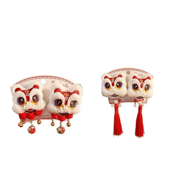 【中國直郵】 西塢 新年紅色醒獅毛毛流蘇髮夾女新中式丸子頭髮卡中國風鈴鐺款醒獅+流蘇款4.5cm*2件