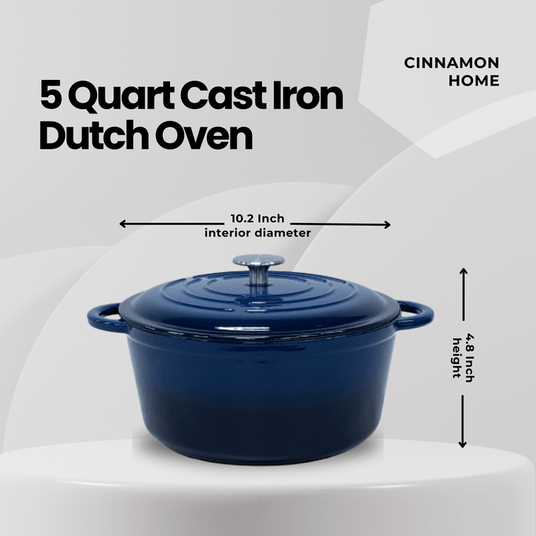 시나몬 주철 에나멜 냄비 26cm (5쿼트) 네이비 블루, 다용도 가정용 스튜 냄비/슬로우 쿠커. 천연 미세 압력 조리 방식으로 은은하게 끓여 풍미를 더합니다. 오븐 및 식기세척기 사용 가능. 6