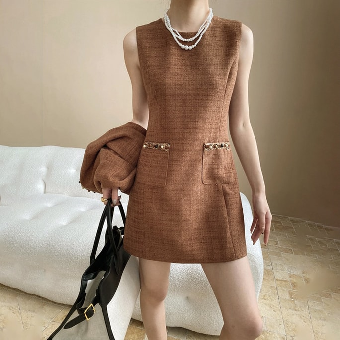 【中国直邮】 HSPM 栗色中古法式小香风外套短裤背心裙可组套装  棕色M背心裙 1件