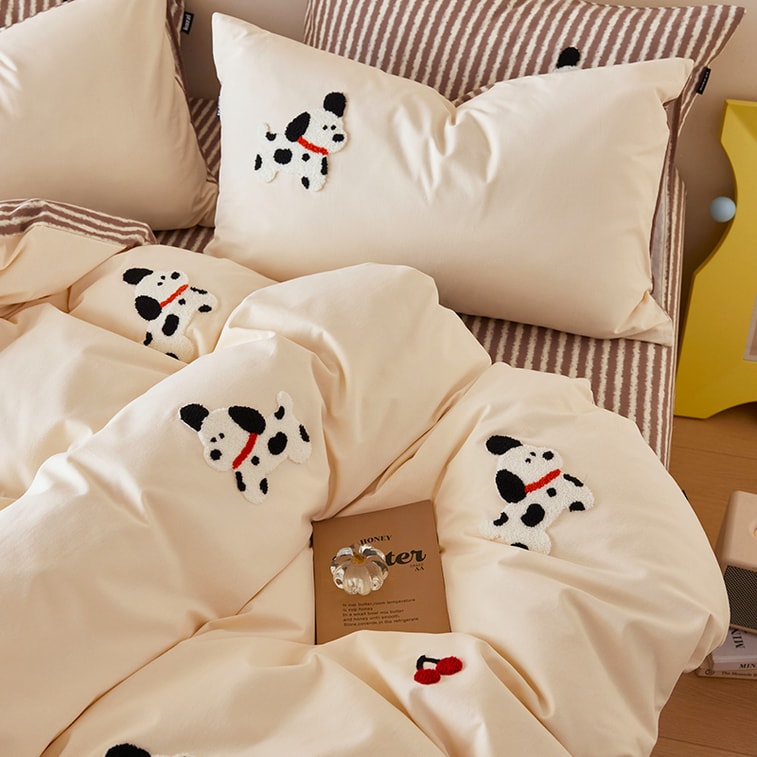 Cherry Dalmatian Dog Bedding Set For 1.2m Bed,100% Cotton,Towel Embroidery Cartoon Design,Ultra Soft Brushed Fabric,Warm Cozy For Bedroom,Autumn Winter Cute Aesthetic Dorm Home Bedding 4