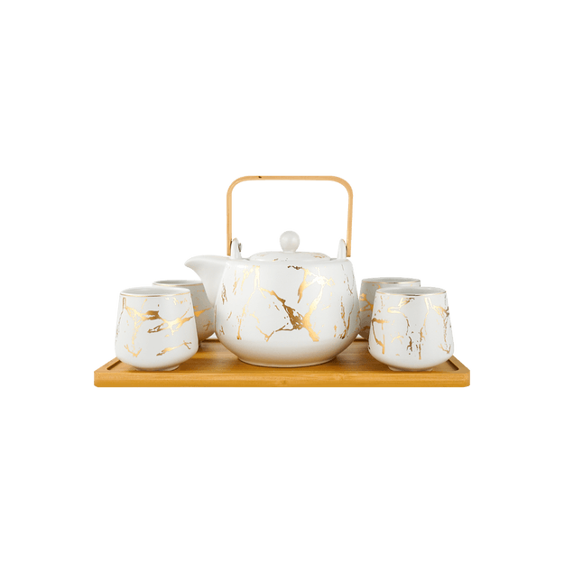 商品详情 - 日式ins风茶具套组 带滤网 茶壶1个茶杯4个附竹盘 大理石白色 - image  0