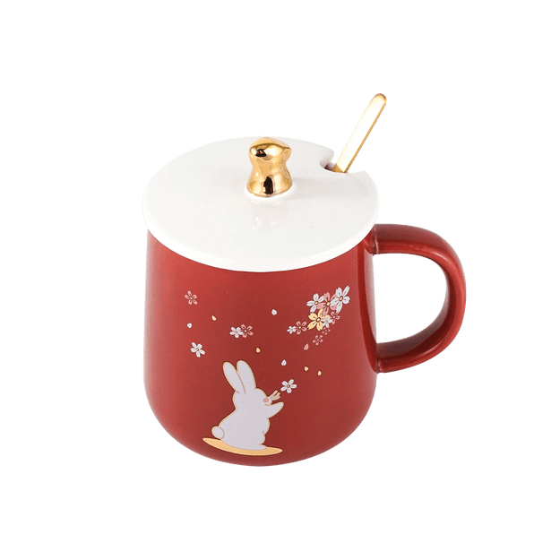 商品详情 - 红色陶瓷马克杯水杯咖啡杯可爱兔子樱花礼物 附杯盖汤匙 3.25\"D x 5\"H - image  0