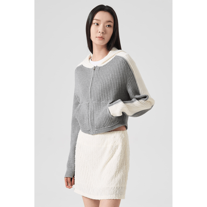 Coloration Point Knit Hoodie Zipup Light Gray L