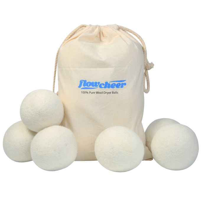 Flowcheer Wool Dryer Balls - 6-Pack 100% from New Zealand Reusable Anti-Static Reduces Wrinkles and Drying Time