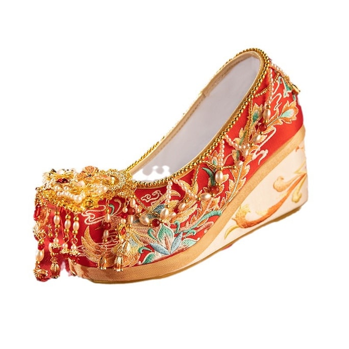 Chinese Wedding Shoes Ancient Style Increase Red Embroidered Shoes Hanfu Shoes 1 Pair 37 Size