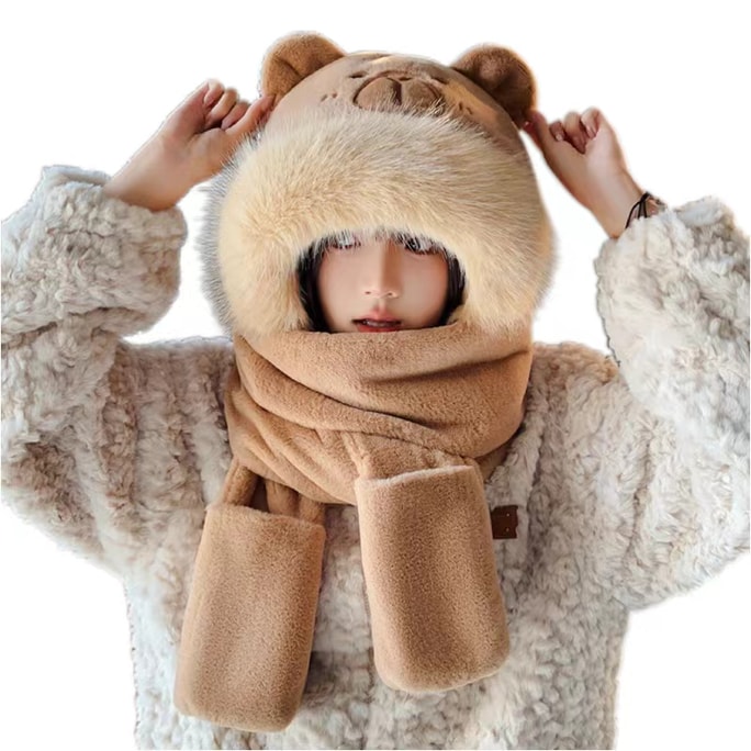 Capibala Hat Scarf And Gloves Three-Piece Winter Windproof Warm Plush Hat 3in1-Khaki 1 Pc