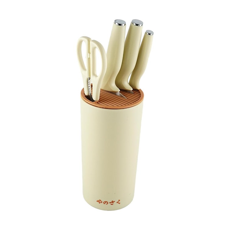 Ensemble de couteaux en acier inoxydable 5 pièces : Ciseaux + Couteau de chef + Couteau utilitaire + Couteau à fruits + Bloc à couteaux 4