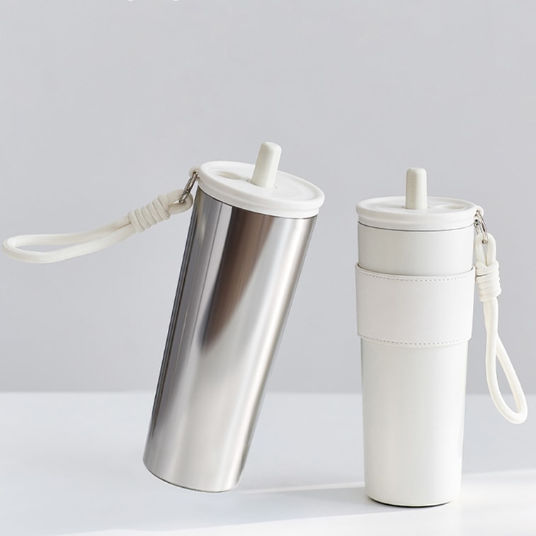 Jumbo straw insulated tumbler, large capacity, 316 stainless steel inner liner, polished silver + ceramic white, 680 ml. 11