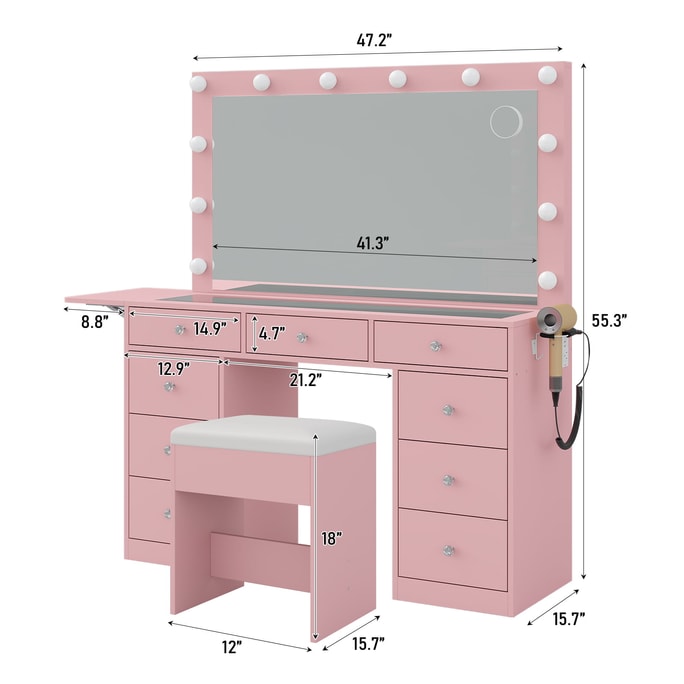 Minimalist Smart 47'' Vanity Table with Adjustable 3-Color LED Lights 9 Drawers Extra Large Size