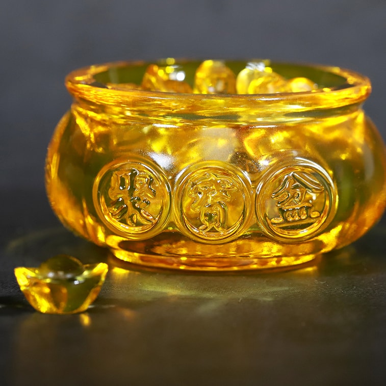 GinkgoHome Golden Crystal Glass Treasure Bowl With Gold Ingot Desktop Decoration 5