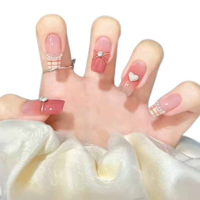False Long Nails Fake Nails Pearl Pink Color With Grid Design 1 Box Each Box Contain 22-24 Pcs With Tools