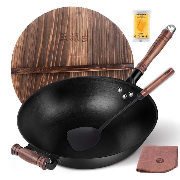 Chinese Handmade  + Spatula Set Cast Iron Work Nonstick Flat Bottom Stir Fry Pan For All Stoves 34cm