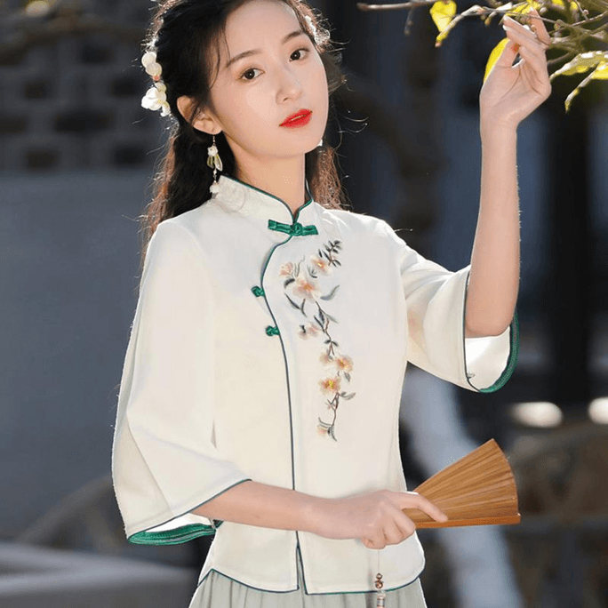 Chinese Style Embroidered Knot Button Cheongsam Tang Suit Top White M