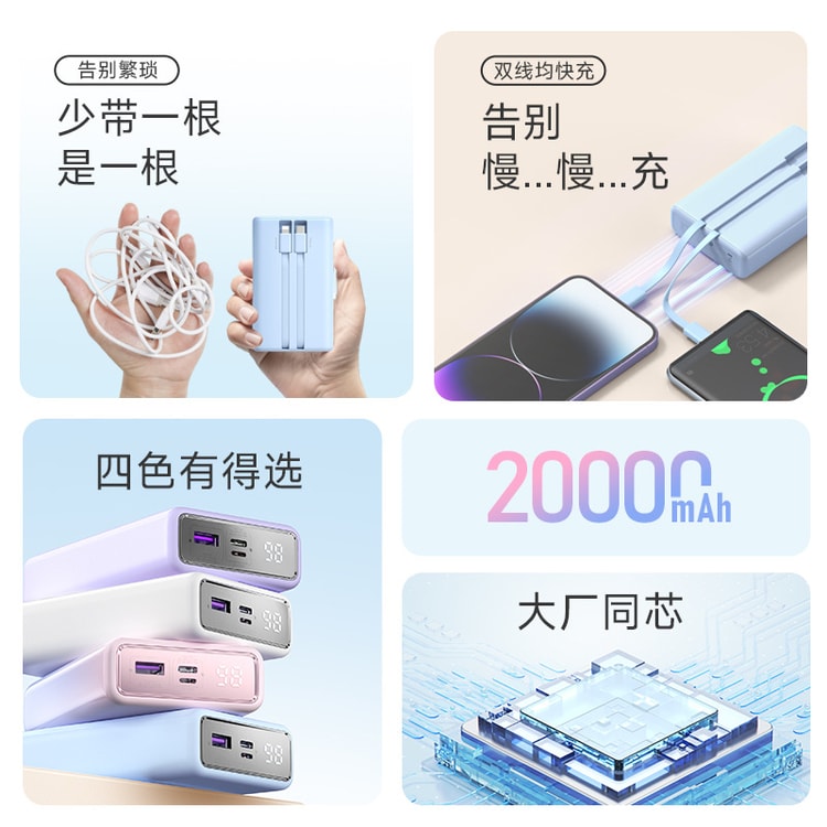 中国直送】Romans モバイルバッテリー 20000mAh コード付き 22.5W 急速充電 Huawei および Apple 携帯電話 モバイルバッテリー ホワイト - Yami