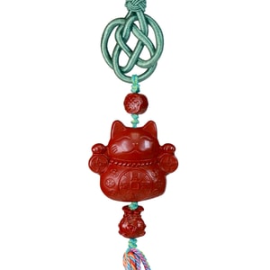 美国 GINKGOHOME 精美朱砂招财猫雕刻车挂 幸运招财装饰品