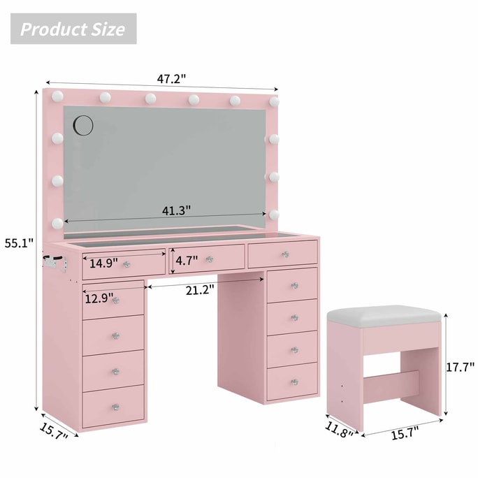 Pink Vanity Table +  Chair Modern Simple Cool and Warm 3-Color LED Lights Extra Large Size IKEA Similar Style Supply