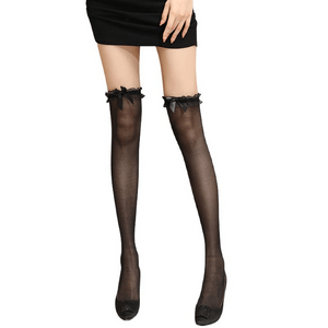 Lace Bow Knee-High Sheer Stockings · Flattering Leg Shape, Elegant and Slimming - Black, One Pair