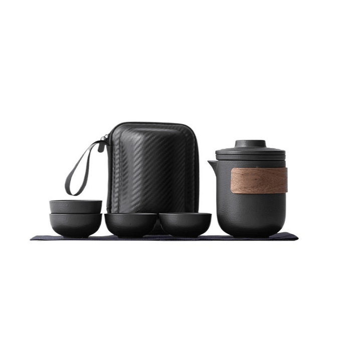 Portable Travel Ceramic Tea Set, Outdoor Set, Elegant Black, One Pot, Four Cups 11.7CM