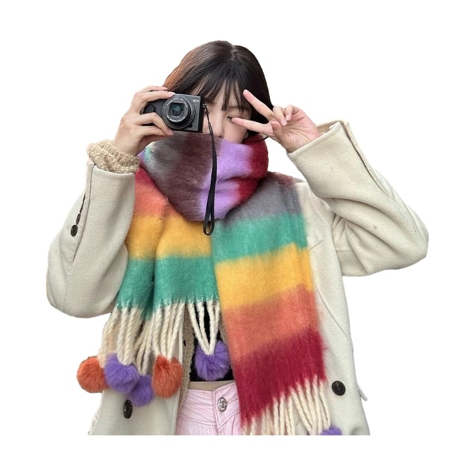 【中國直郵】 FOXTAIL 多巴胺彩色條紋手工毛球保暖圍巾 加厚 防寒 情侶 圍脖-彩虹 1個