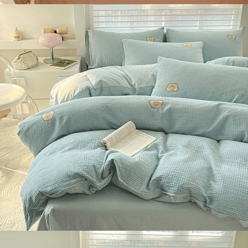 【中国直邮】 Lullabuy 华夫格小熊刺绣纯棉床上四件套(床笠款) 黄绿色-Queen