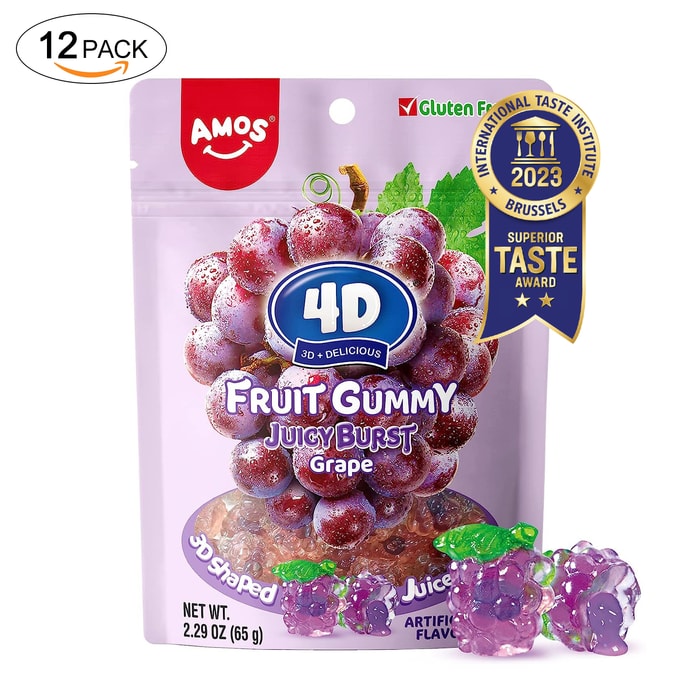 AMOS 4D Gummy Fruit Filled Candy Fruit Snacks Juicy Burst Grape Juice Filled Gummies 2.29Oz Per Bag (12 Bags)