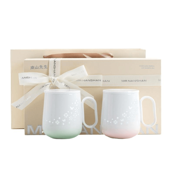 [중국 직배송] 난산 팡페이 크리에이티브 고급 도자기 머그컵 (뚜껑 포함), 커플 머그컵, 핑크+그린, 컵당 410ml