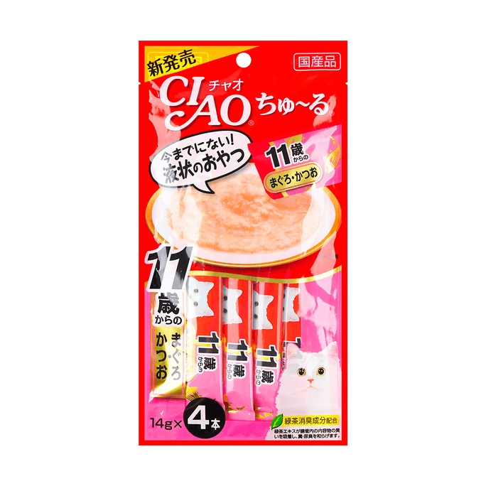 日本CIAO 11岁以上鲣鱼&金枪鱼猫条 宠物零食 14g*4 