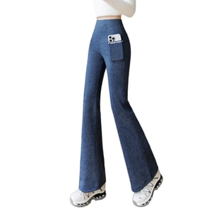 【中国直邮】 HSPM 口袋款仿牛仔长裤美式高腰收腹提臀紧身长裤 牛仔蓝 奶油绒 M