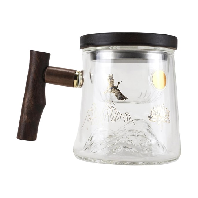 Glass Tea Cup with Wood Handle, Dancing Cranes, 13.52 fl oz