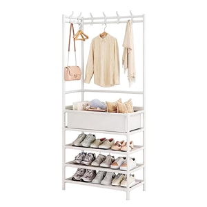 Multi-functional Corner Shoe & Hat Rack, Snow White. [2-in-1 Shoe+coat, Thick Carbon Steel] [0.12㎡ Footprint] Double Hook Rows, Tall. For Entryway/living/bedroom. Large Multi-layer Storage.