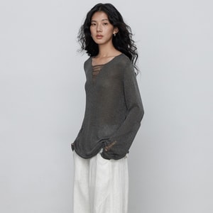 【中国直邮】 HSPM v领长袖设计感针织衫宽松老钱风女上衣T恤 灰色 1件