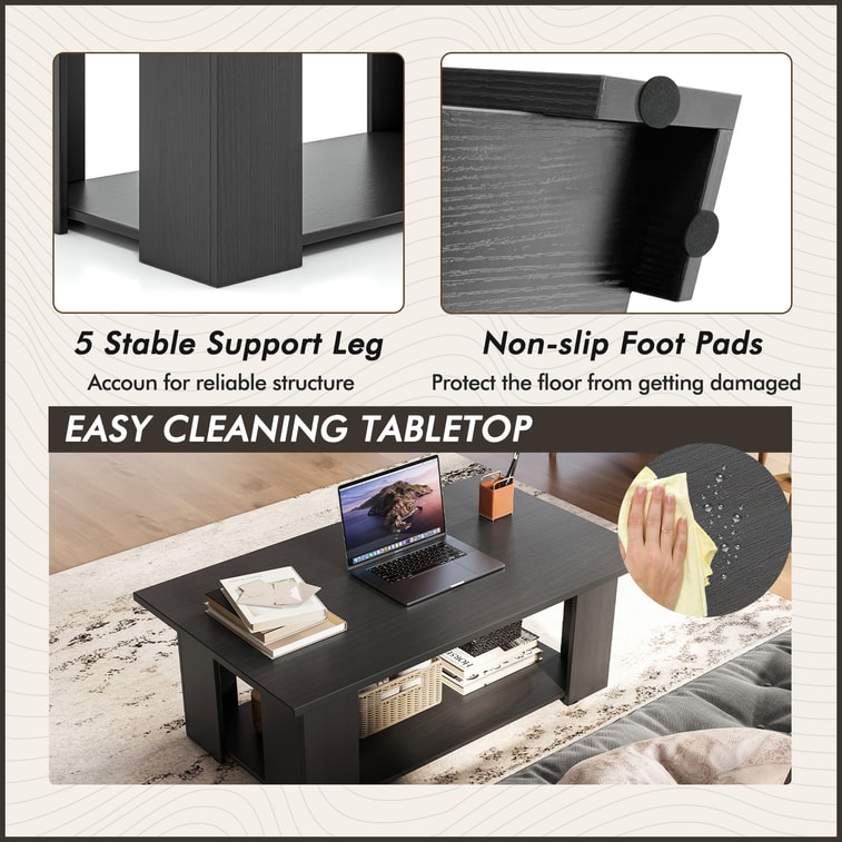 Large 36/41 Inch 2-tier Wooden Modern Coffee Table With Storage Shelf - Black 6