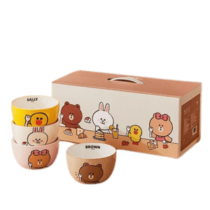 【中國直郵】LINE FRIENDS 陶瓷碗學生卡通泡麵碗釉上彩飯碗 4.5英寸四件套陶瓷碗 1盒 l*預計到達時效3-4週