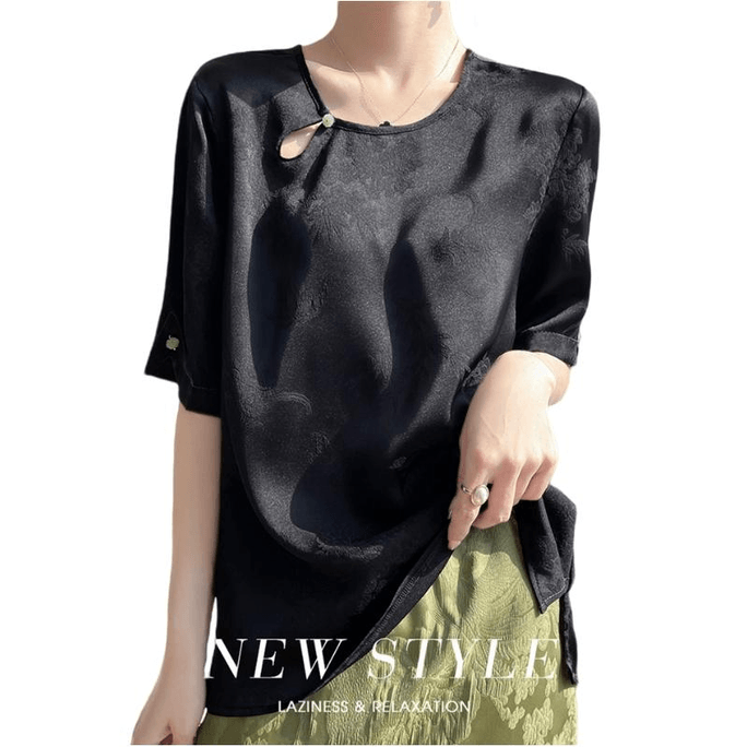 【中國直郵】 ASIS 新中式復古提花圓領寬鬆上衣T卹-黑色 XL