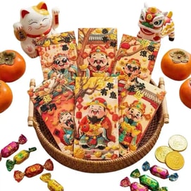 Embroidery Style God Of Wealth Red Envelope 6 Pcs