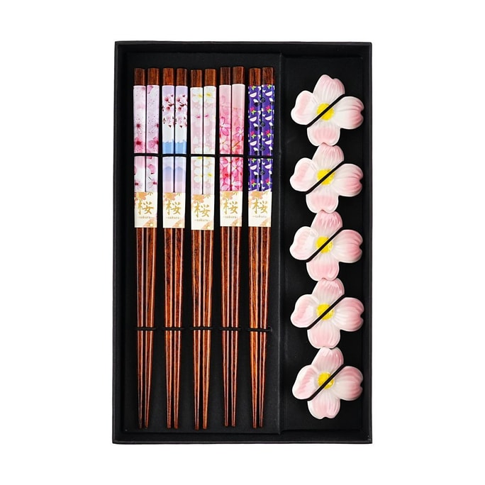 Bamboo chopsticks paired with ceramic cherry blossom chopstick holder, 22.5CM *5 pairs 