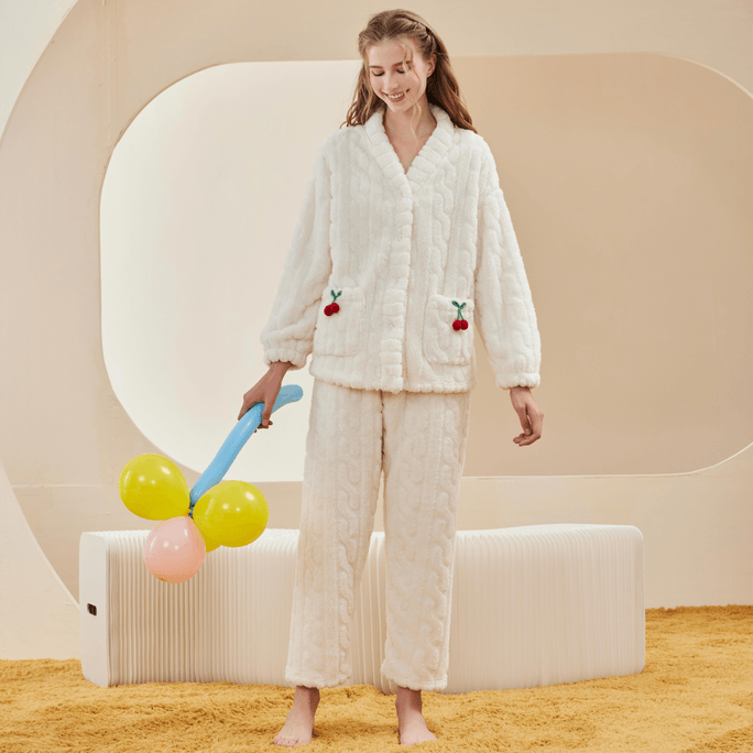 Cherry Pocket Fluffy Pajama Set White-XL