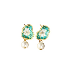 Fancy Jasmine 🎋新中式珍珠荷叶珐琅掐丝耳钉 高级感十足 ins风小众设计 国潮女孩必备  1对