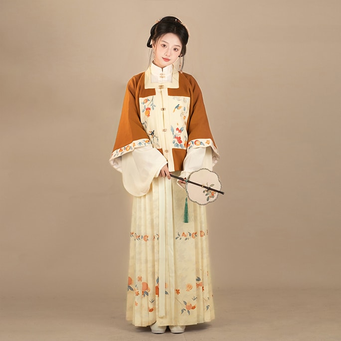 【中国直邮】 HSPM 新款明制印花马面裙立领对襟绣花汉服套装 檀香 L