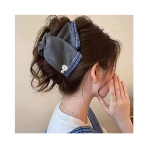 Cupid's Choice フレンチレトロヘアクリップ（1個）ブルーグレーのチェック柄トライアングルヘアクリップ、後頭部用の高級ヘアクリップ、ヘアバンシャーククリップ